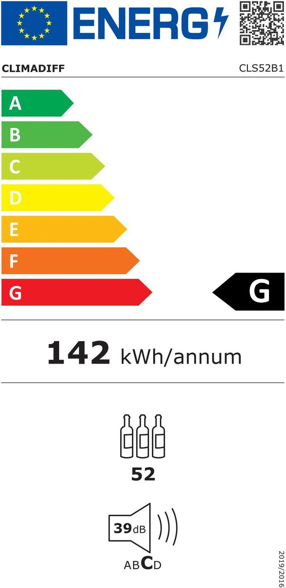 Energielabel zeigt Klasse G, 142 kWh/Jahr, 52 Flaschen, 39dB Geräuschpegel.