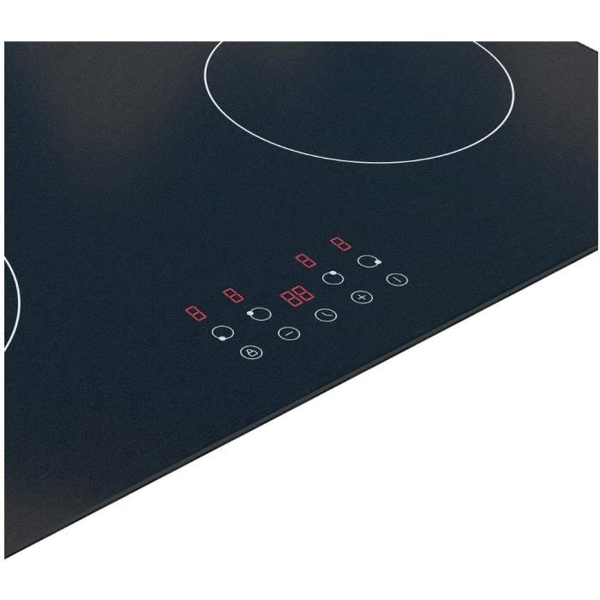 Schwarzes Kochfeld mit Touch-Bedienfeld und roten digitalen Anzeigen.