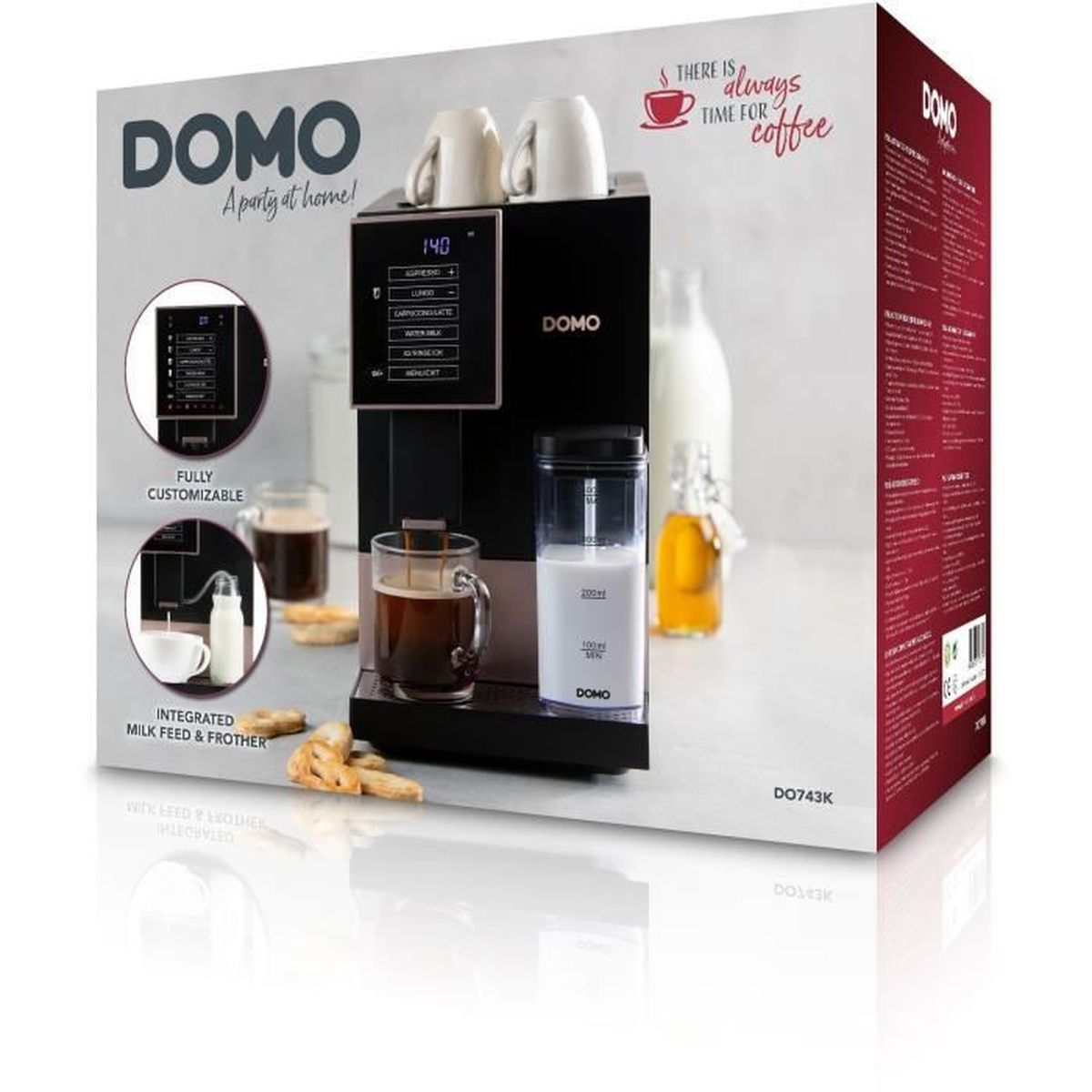 Una macchina da caffè DOMO con contenitore del latte e una tazza di caffè.