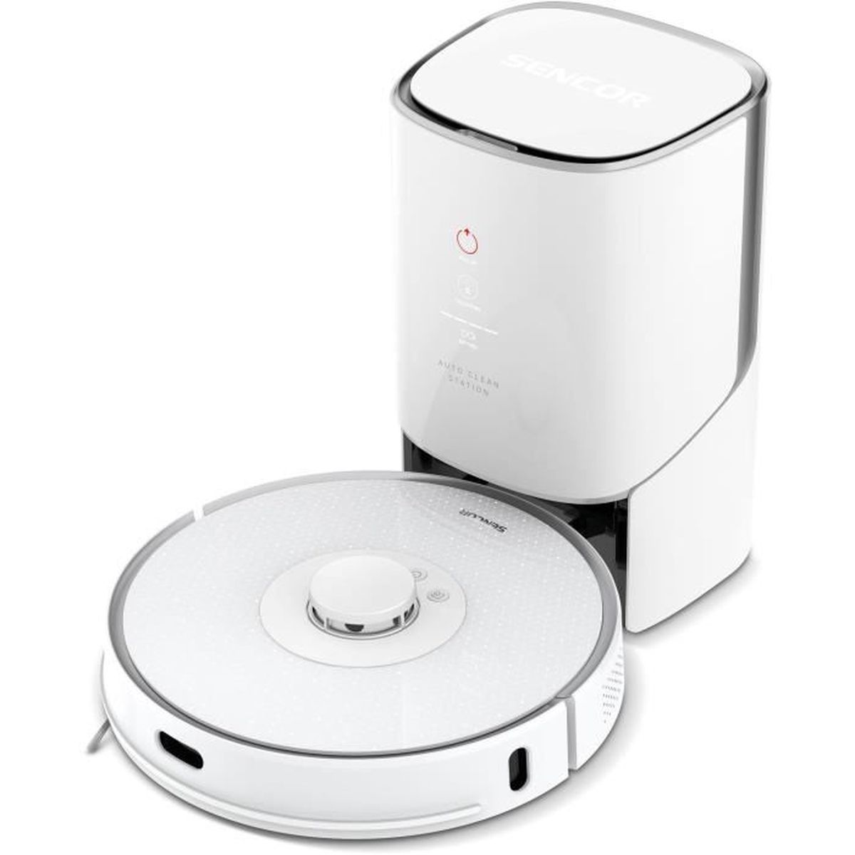 Aspirapolvere robot bianco e la sua stazione di ricarica con testo AUTO CLEAN STATION.