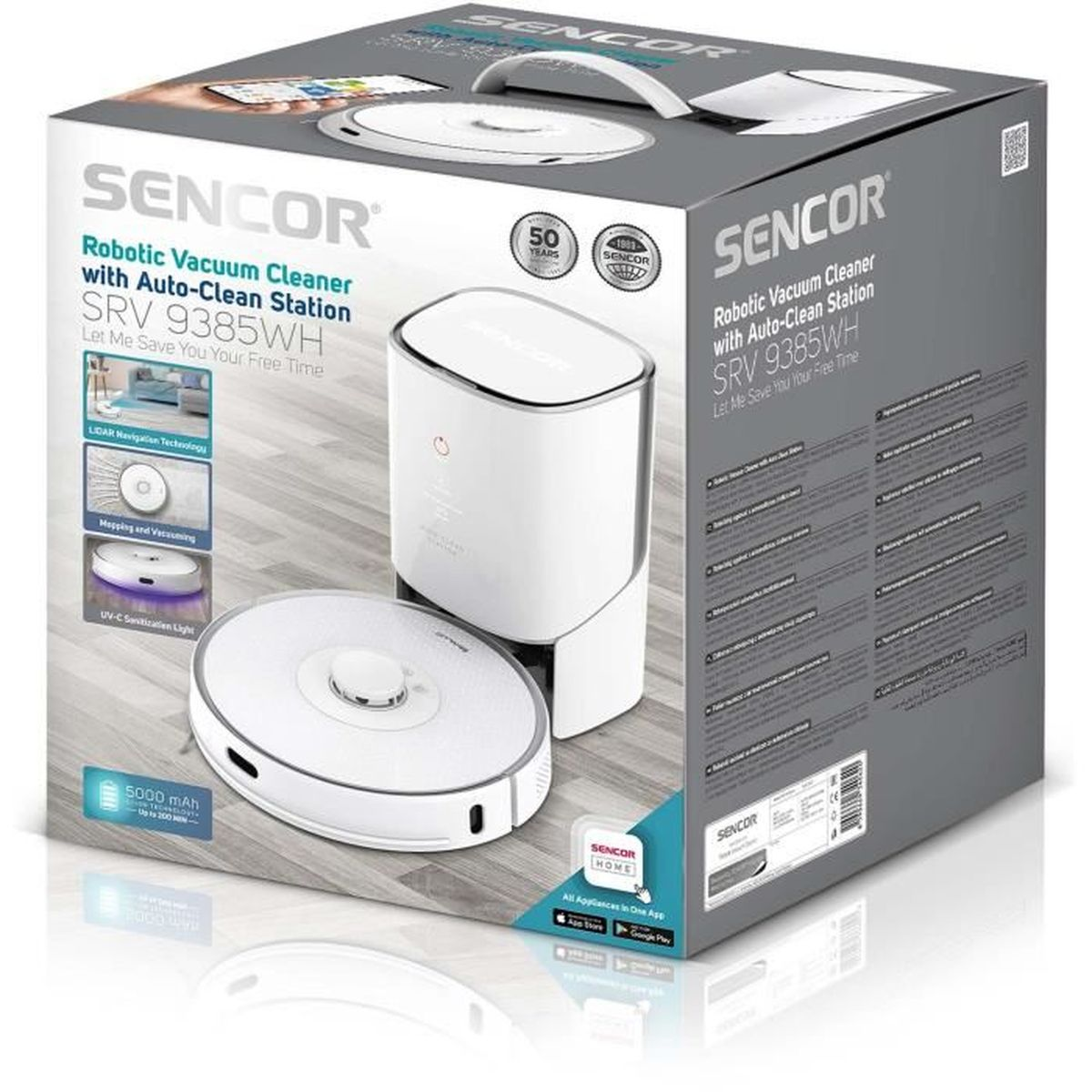 Confezione di un aspirapolvere robot SENCOR con stazione autopulente.