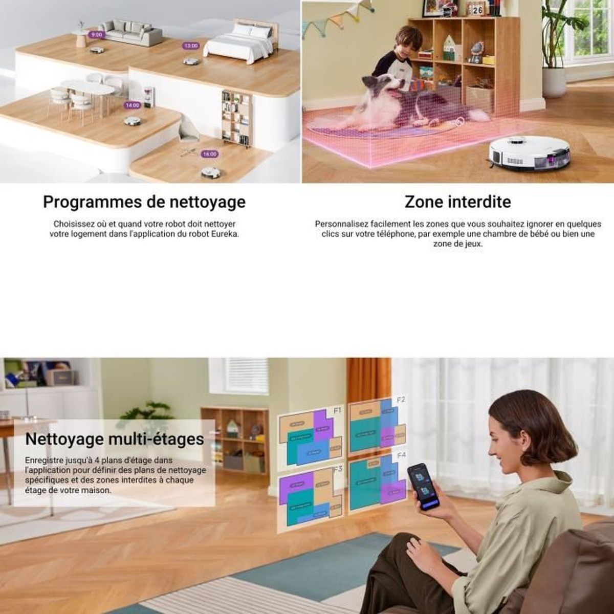 Control de app de robot aspirador para horarios, zonas y limpieza multihogar.