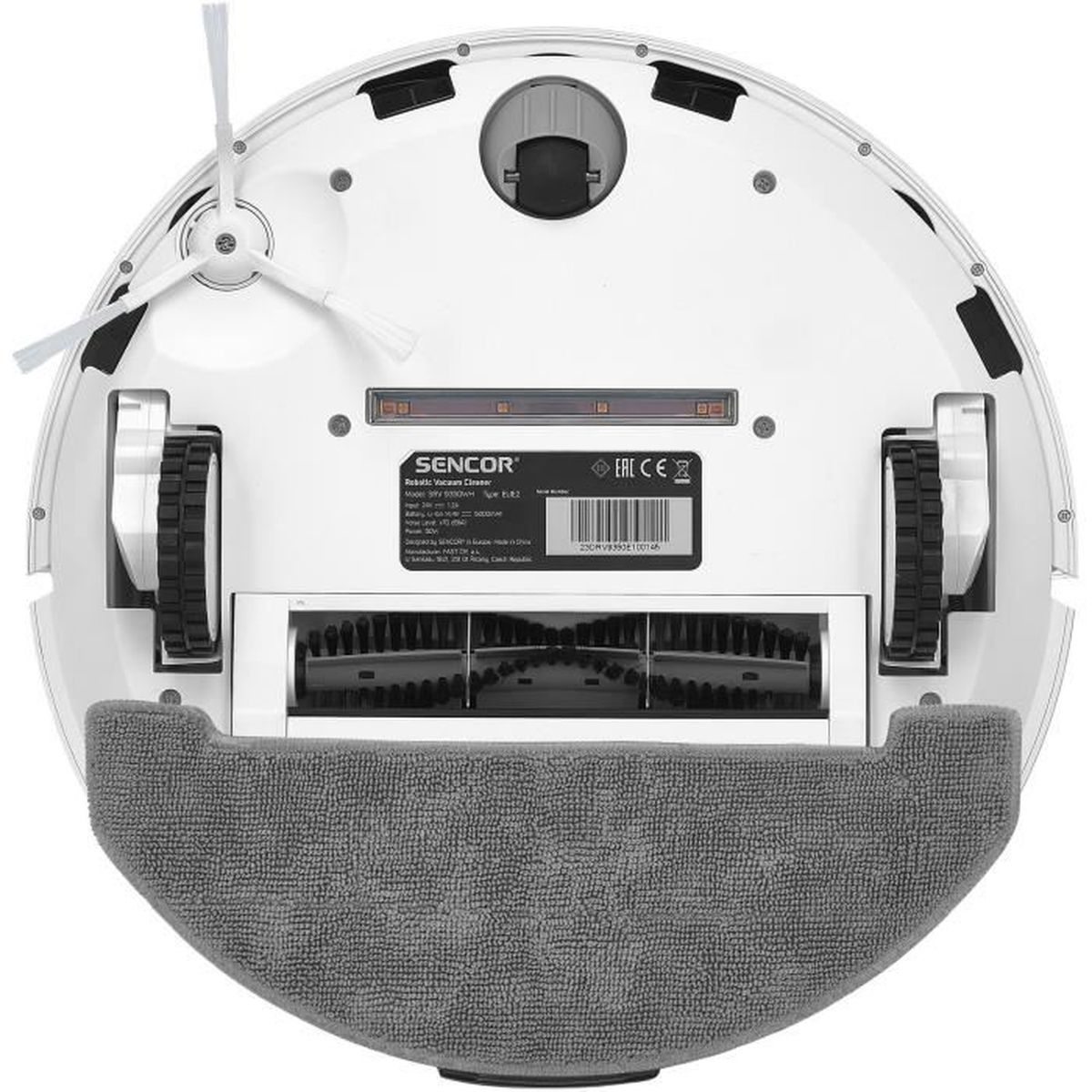 Parte inferior de un robot aspirador SENCOR blanco con doble cepillo, ruedas y mopa.