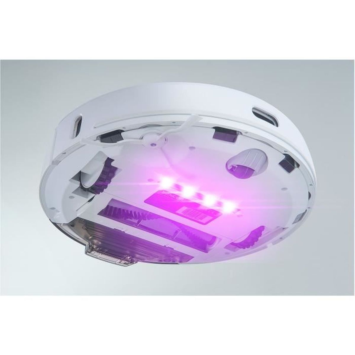 Parte inferior de un robot aspirador blanco con luces púrpuras y cepillos.