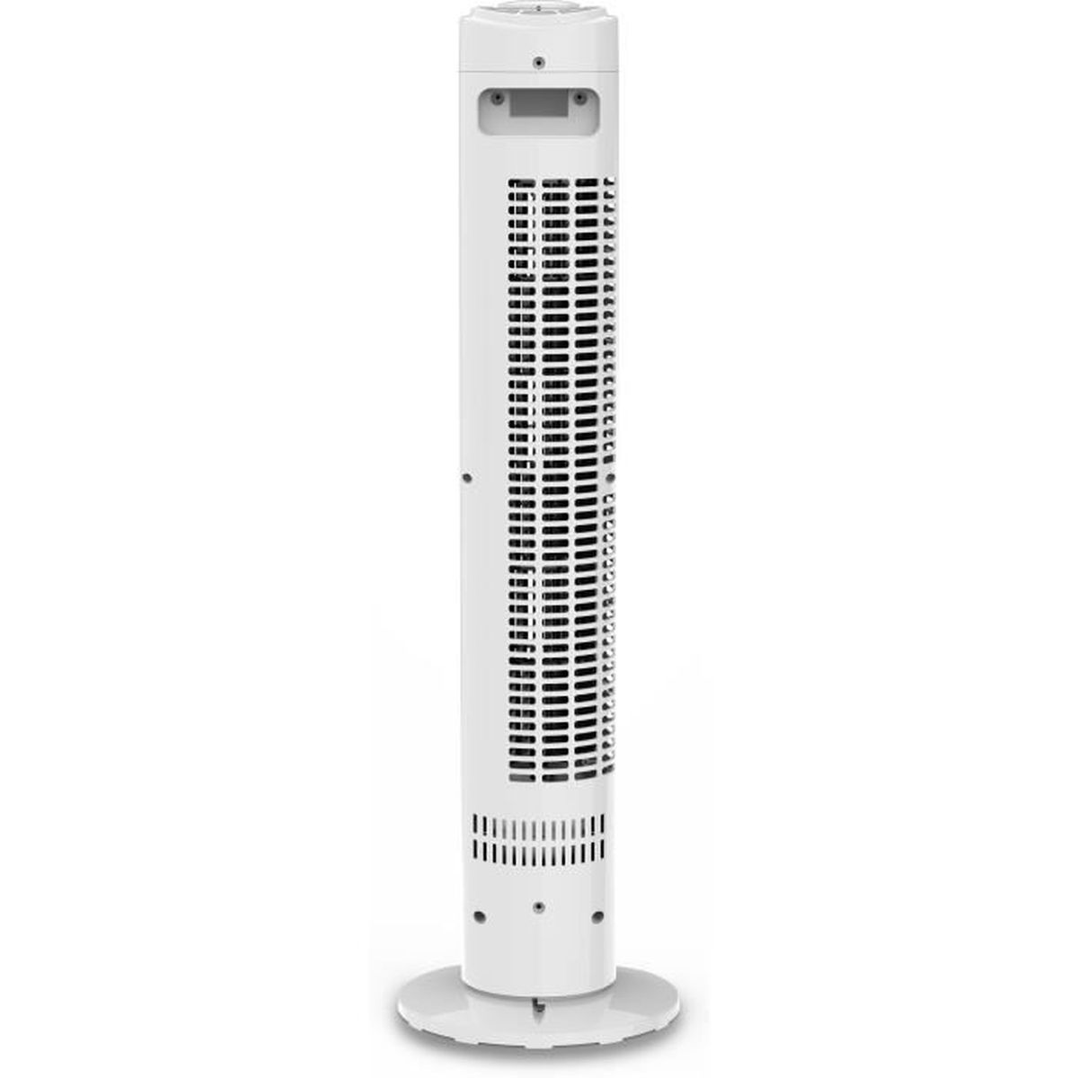 A tall, white, modern tower fan with a round base, set against a white background.
