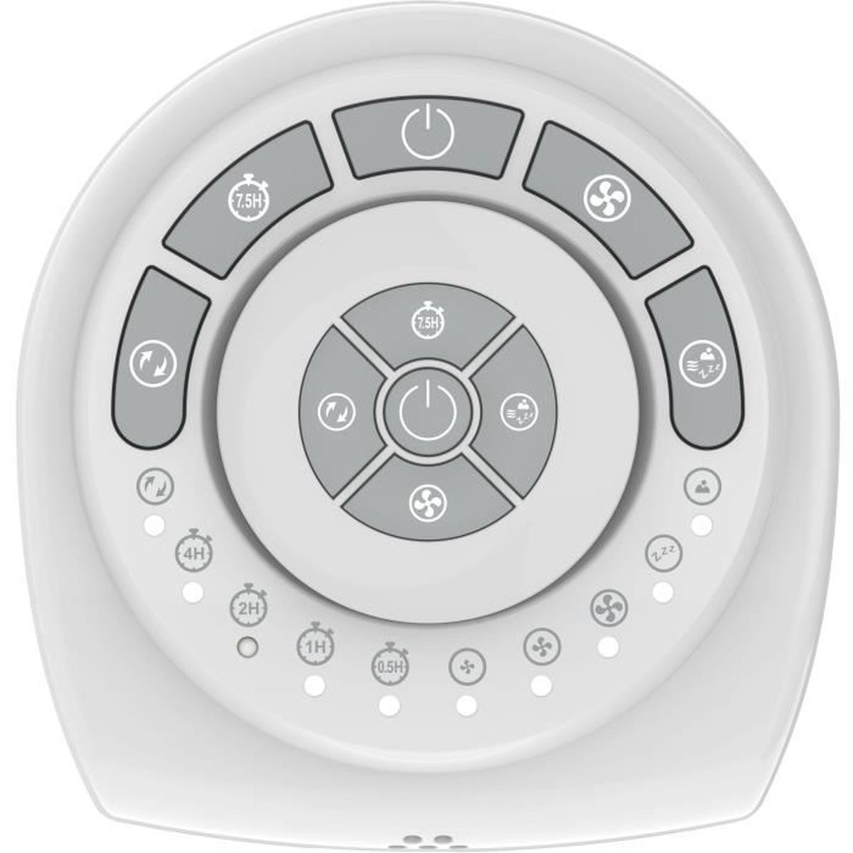 White control panel with round and rectangular buttons for fan functions and timer.