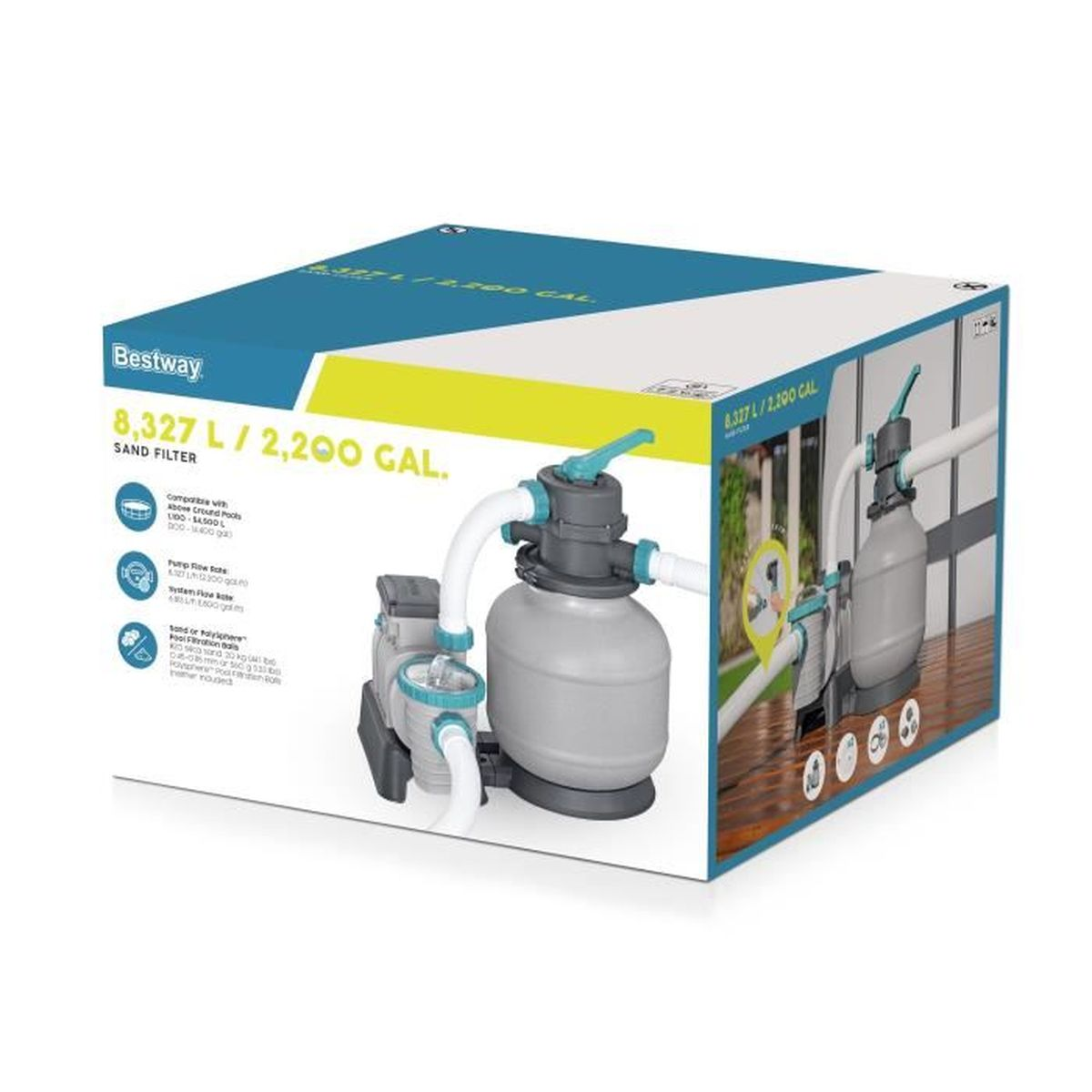 Pompa z filtrem piaskowym Bestway 8.327 L/2.200 GAL. ze zbiornikiem i złączami.