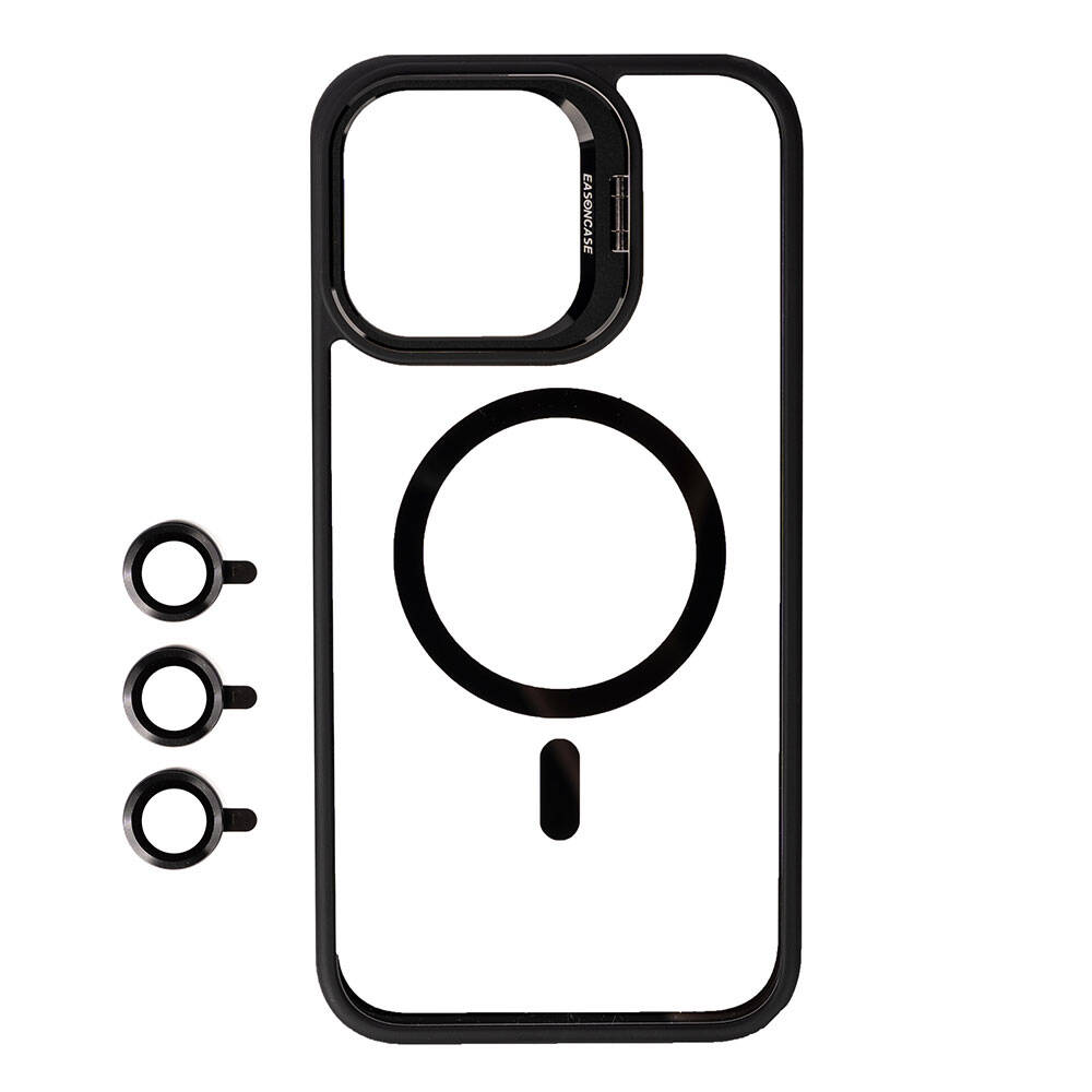 Kamera kesimli şeffaf telefon kılıfı ve üç adet ayrı lens koruyucu.