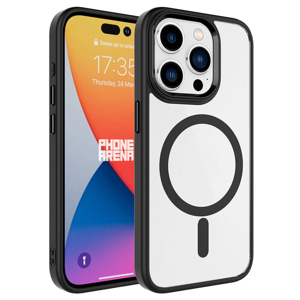 Arkada manyetik halka tasarımı olan şeffaf kılıflı bir iPhone.