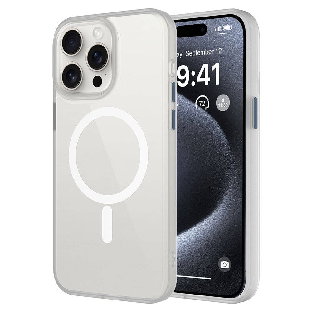 Kilitli ekranlı iPhone'da MagSafe halkalı şeffaf kılıf.