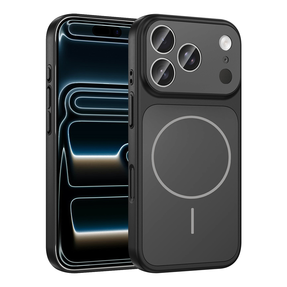 Üç kamerayı gösteren uyumlu bir kılıfla siyah bir iPhone.