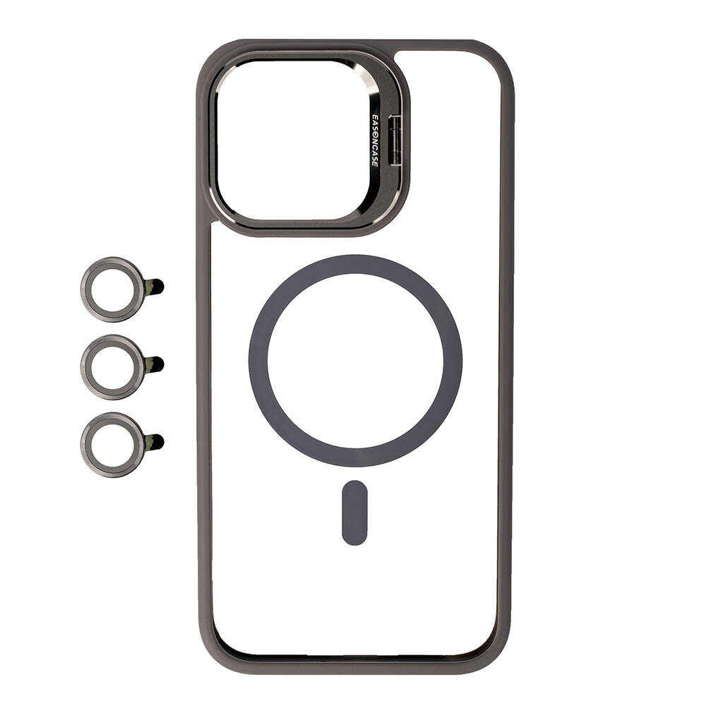 Yanında üç lens koruyucu halkası bulunan gri iPhone koruyucu çerçeve.