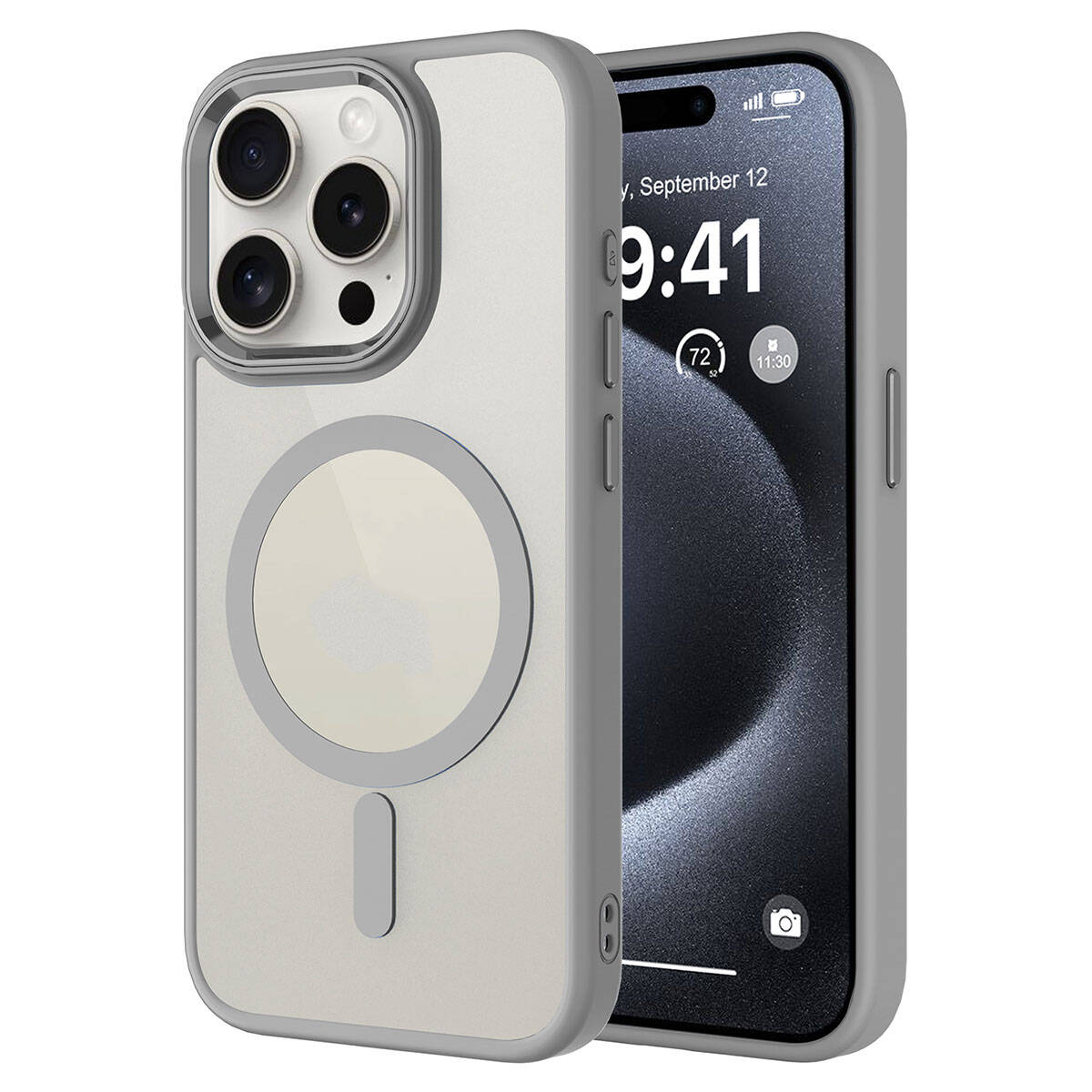 MagSafe halkalı gri telefon kılıfı ve arkada iPhone.
