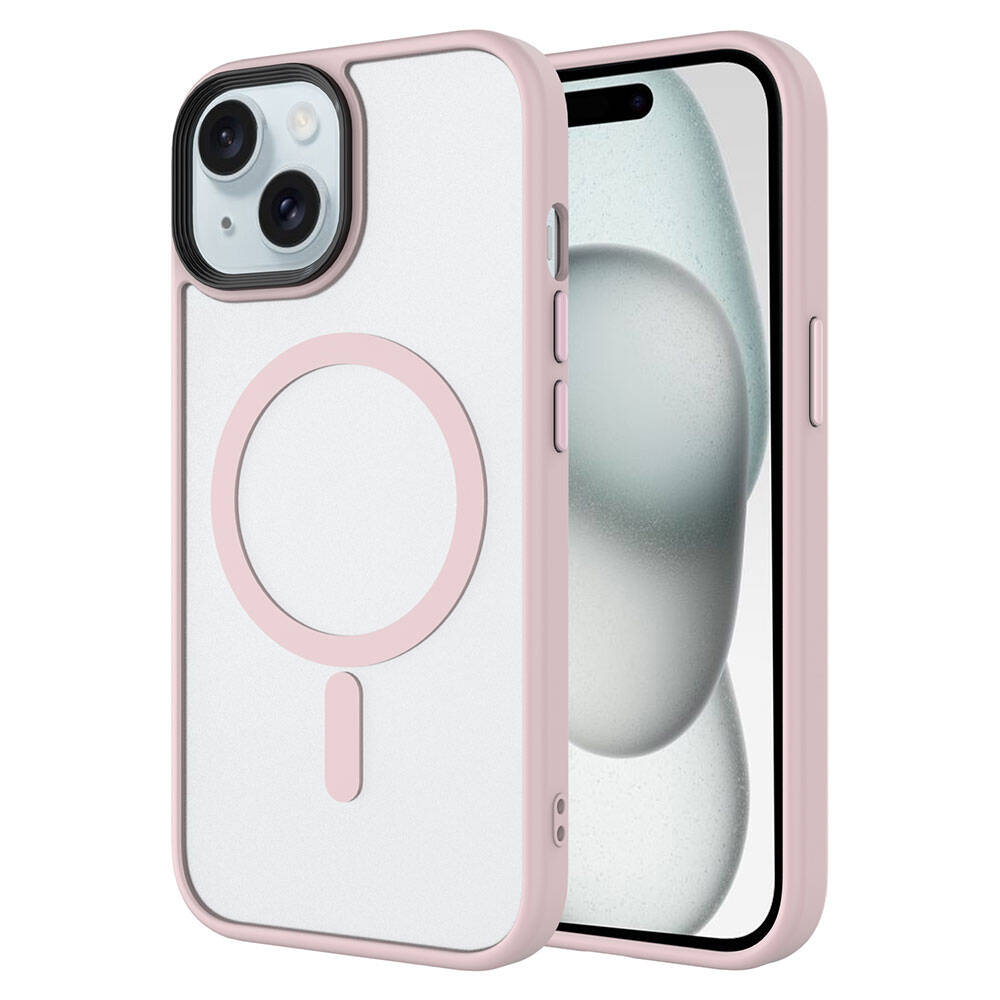 Şeffaf arkalı ve manyetik halkalı pembe iPhone kılıfı.