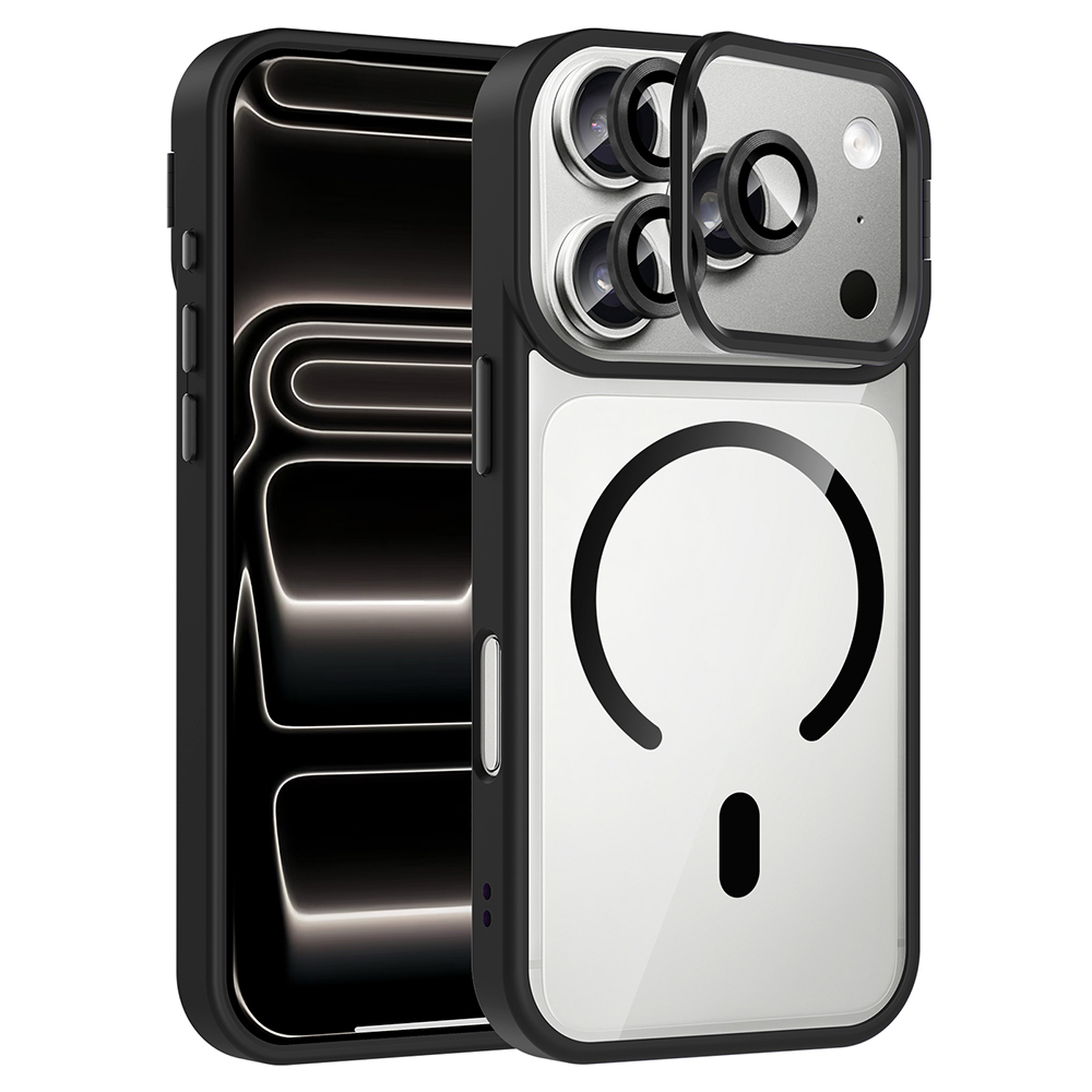 Manyetik şarj halkası göstergesi olan şeffaf kasalı siyah bir iPhone.