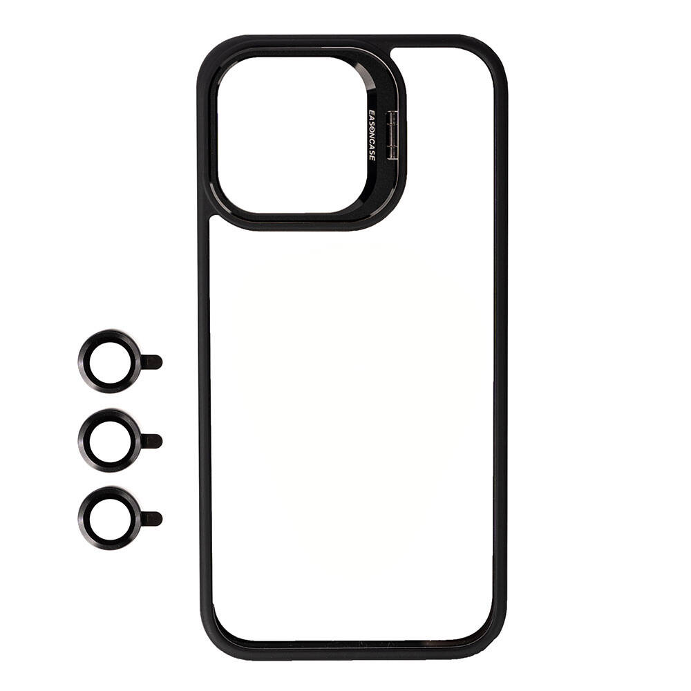 Siyah telefon çerçevesi ve beyaz arka planda üç küçük siyah halka.