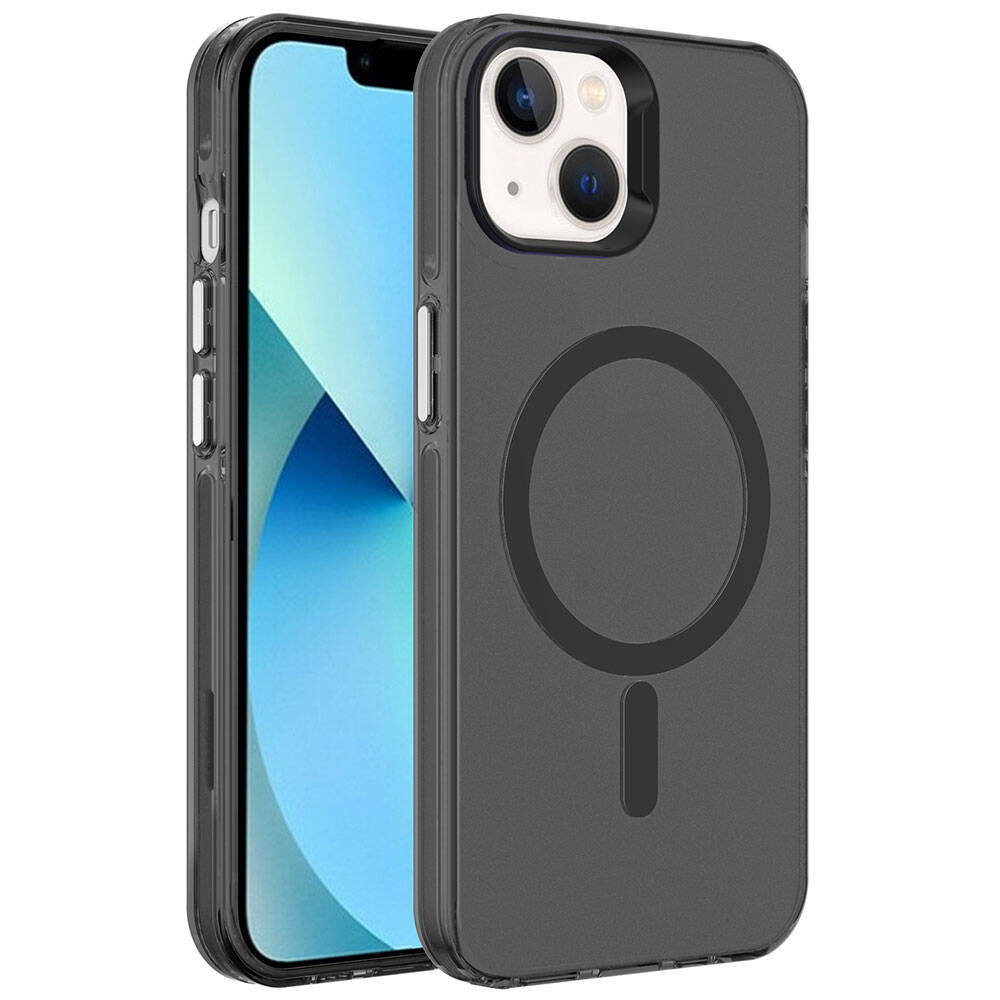 Kameralı ve manyetik halkalı koyu renkli telefon kılıfı.