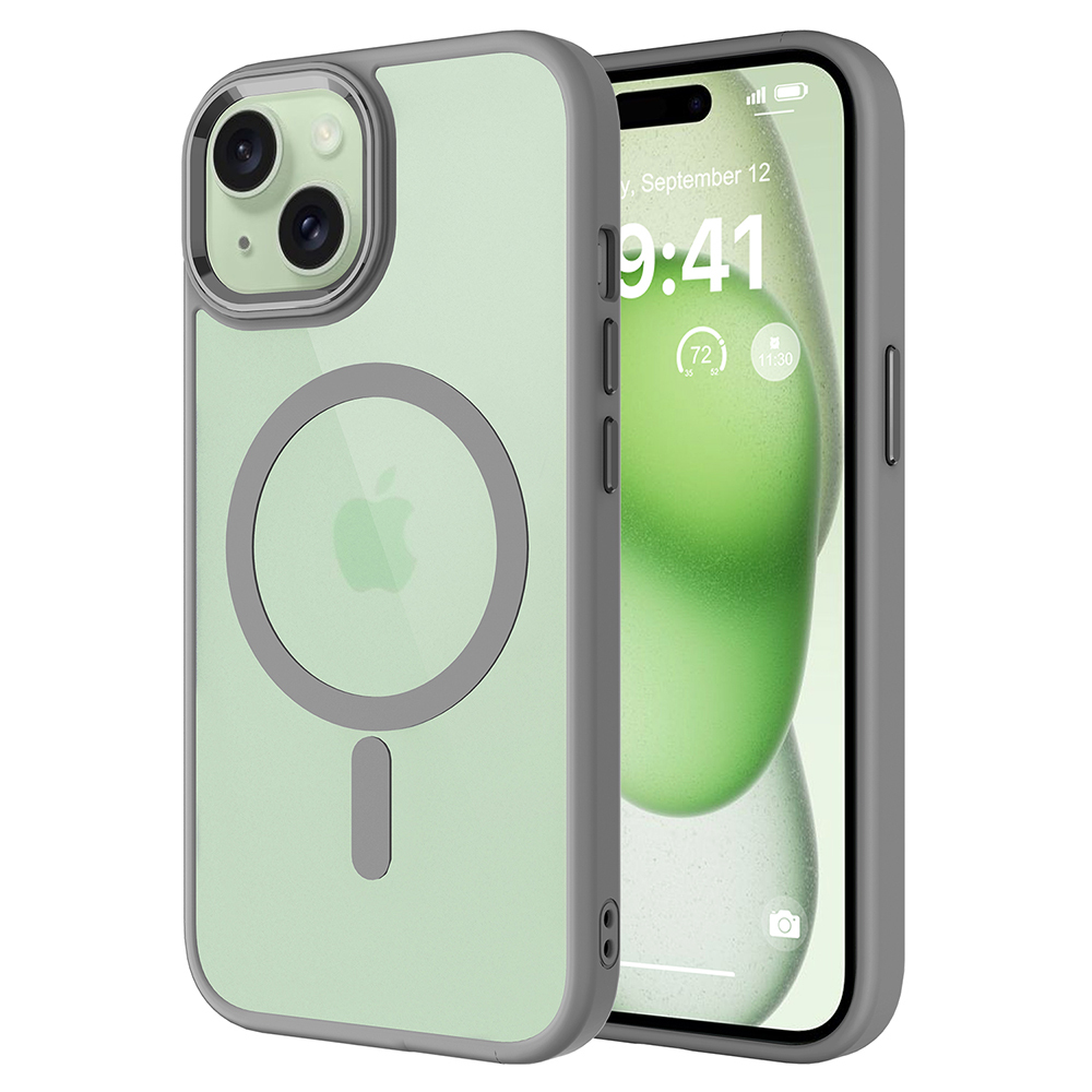 MagSafe halkalı şeffaf kılıfta açık yeşil bir iPhone.
