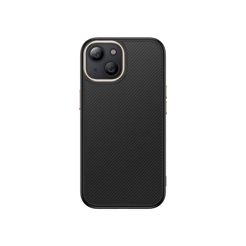 Karbon fiber dokulu, çift kamera kesimli siyah telefon kılıfı.