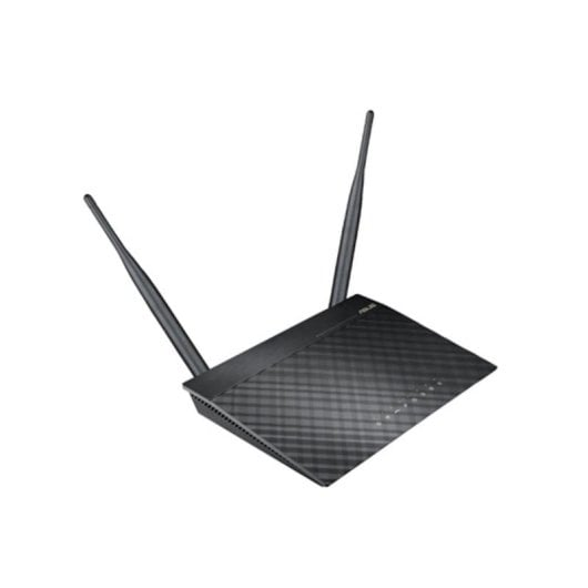 Een zwarte draadloze router met twee antennes op een witte achtergrond.