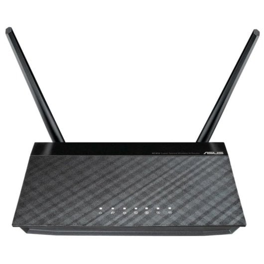 Een zwarte ASUS Wi-Fi router met twee antennes en indicatielampjes.