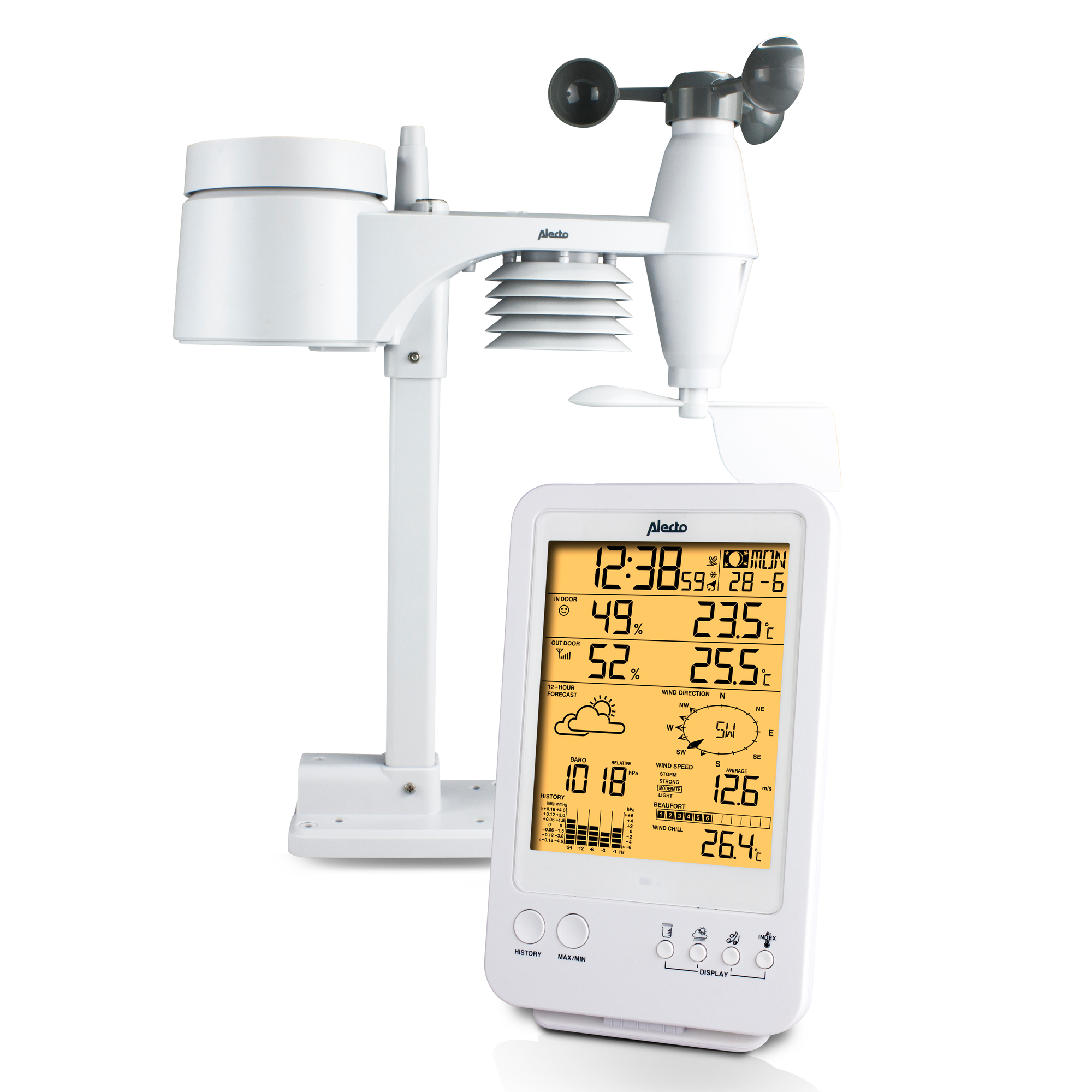 Een witte buitenunit van een weerstation met windmeter en een binnenunit met display.