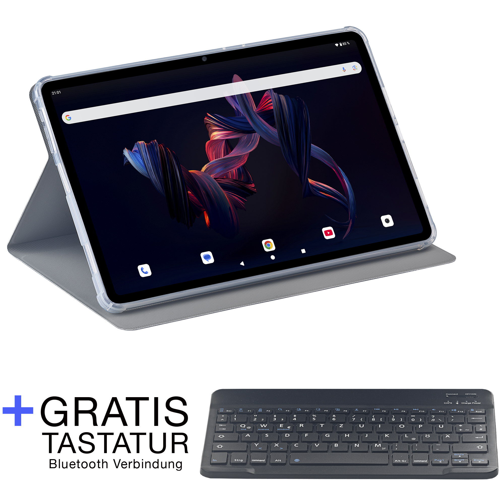 Tablet mit Hülle und Tastatur. Auf dem Bildschirm sind App-Symbole und ein Hintergrundbild.