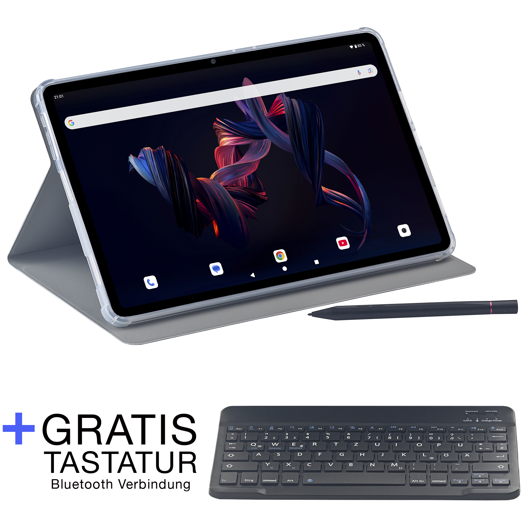 Tablet mit Stifthülle und Tastatur, zeigt Homescreen mit Apps und Textwerbung.