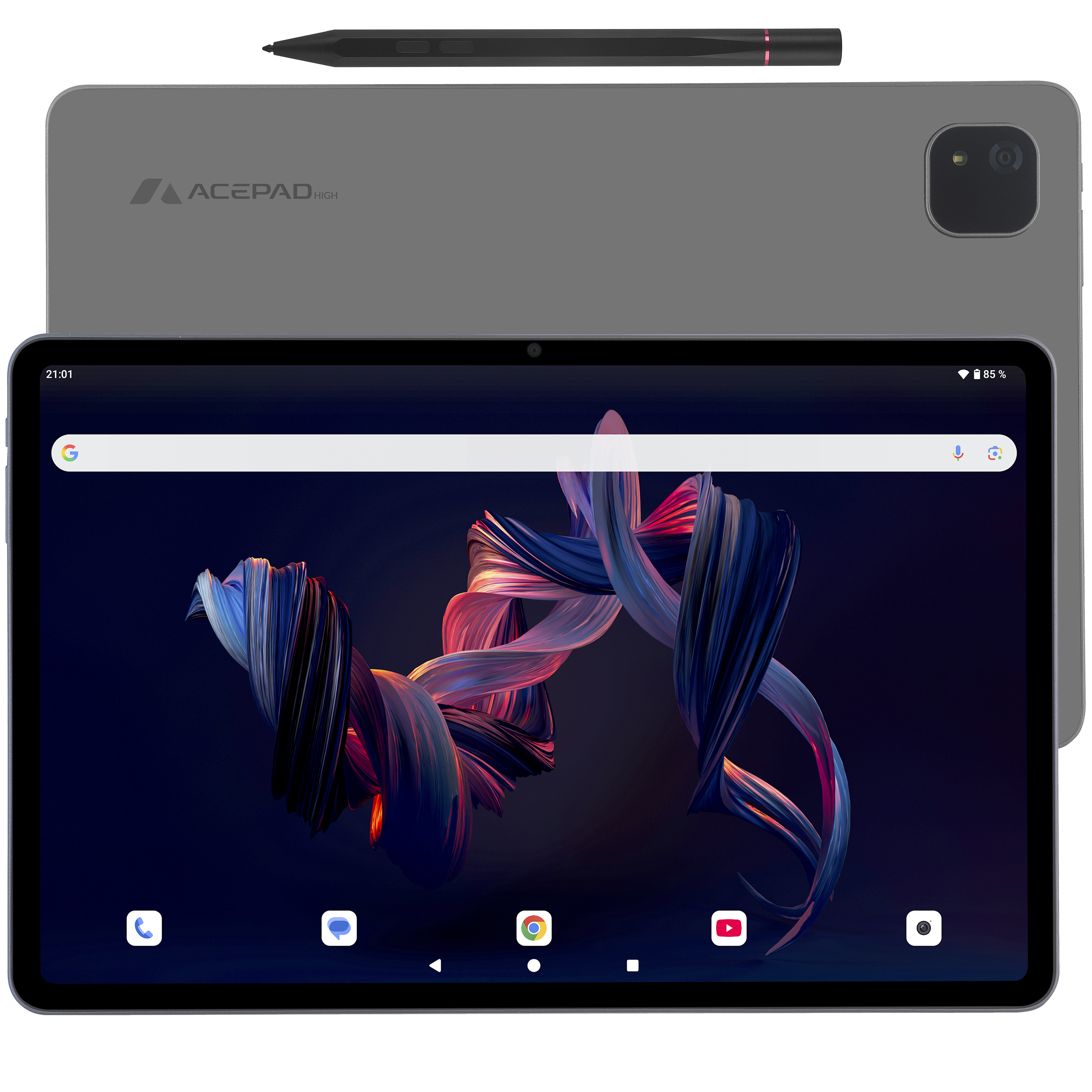 Graues Tablet mit Stift. Vorderseite zeigt abstrakte bunte Muster und Google-Suchleiste.