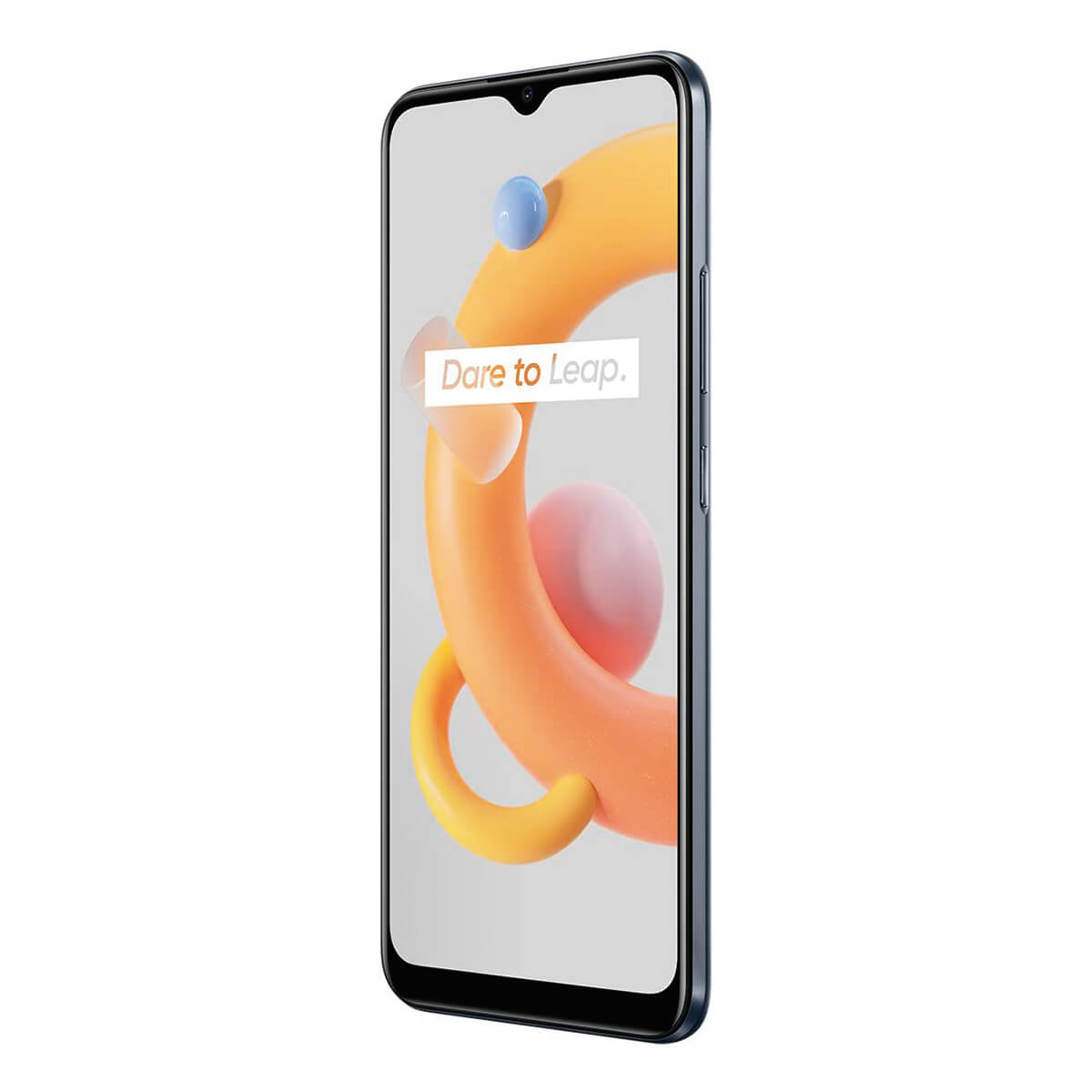 Ein dunkelblaues Smartphone mit einem tropfenförmigen Display und einem abstrakten Hintergrund.