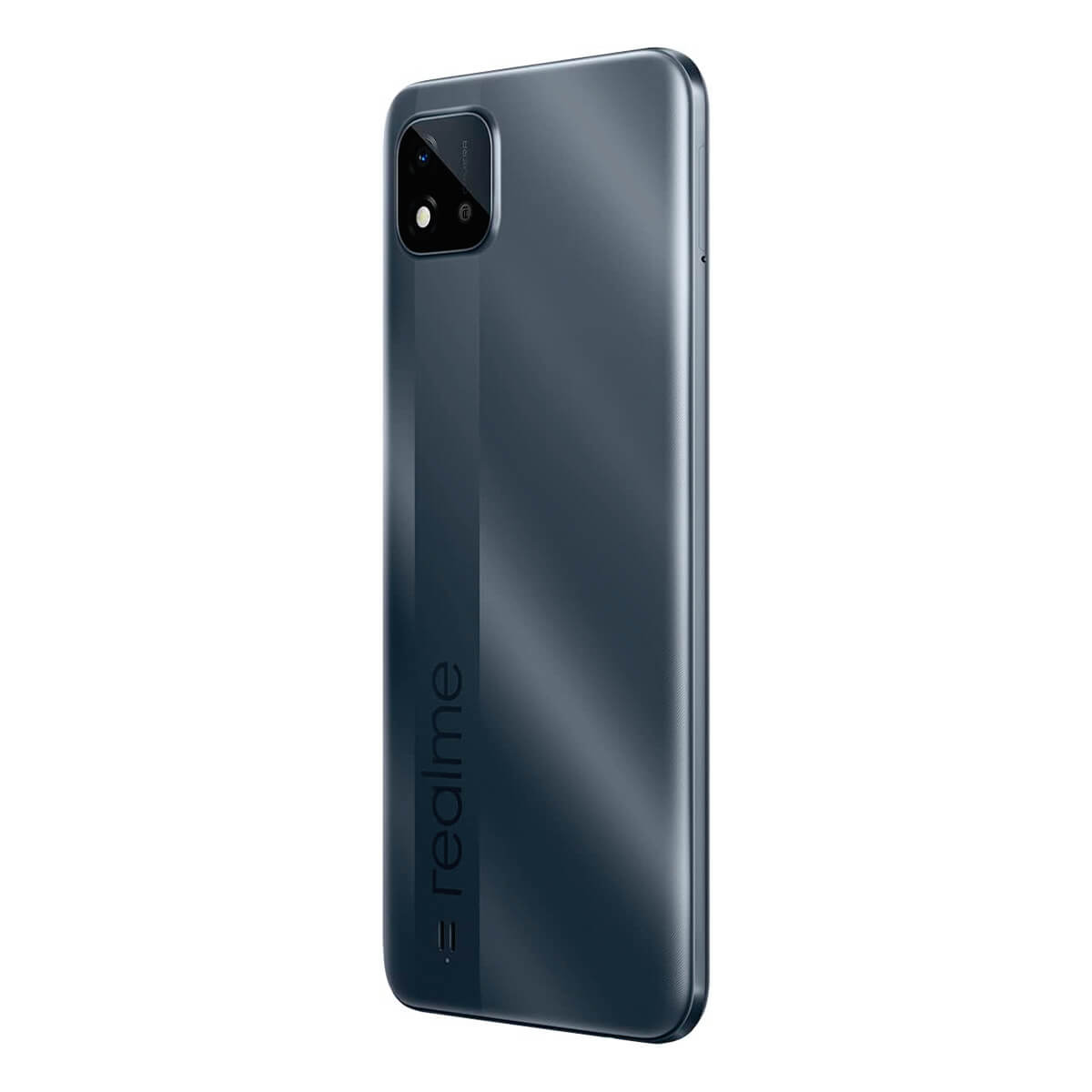 Dunkelgraues Smartphone mit vertikalem Streifen und Realme-Logo.