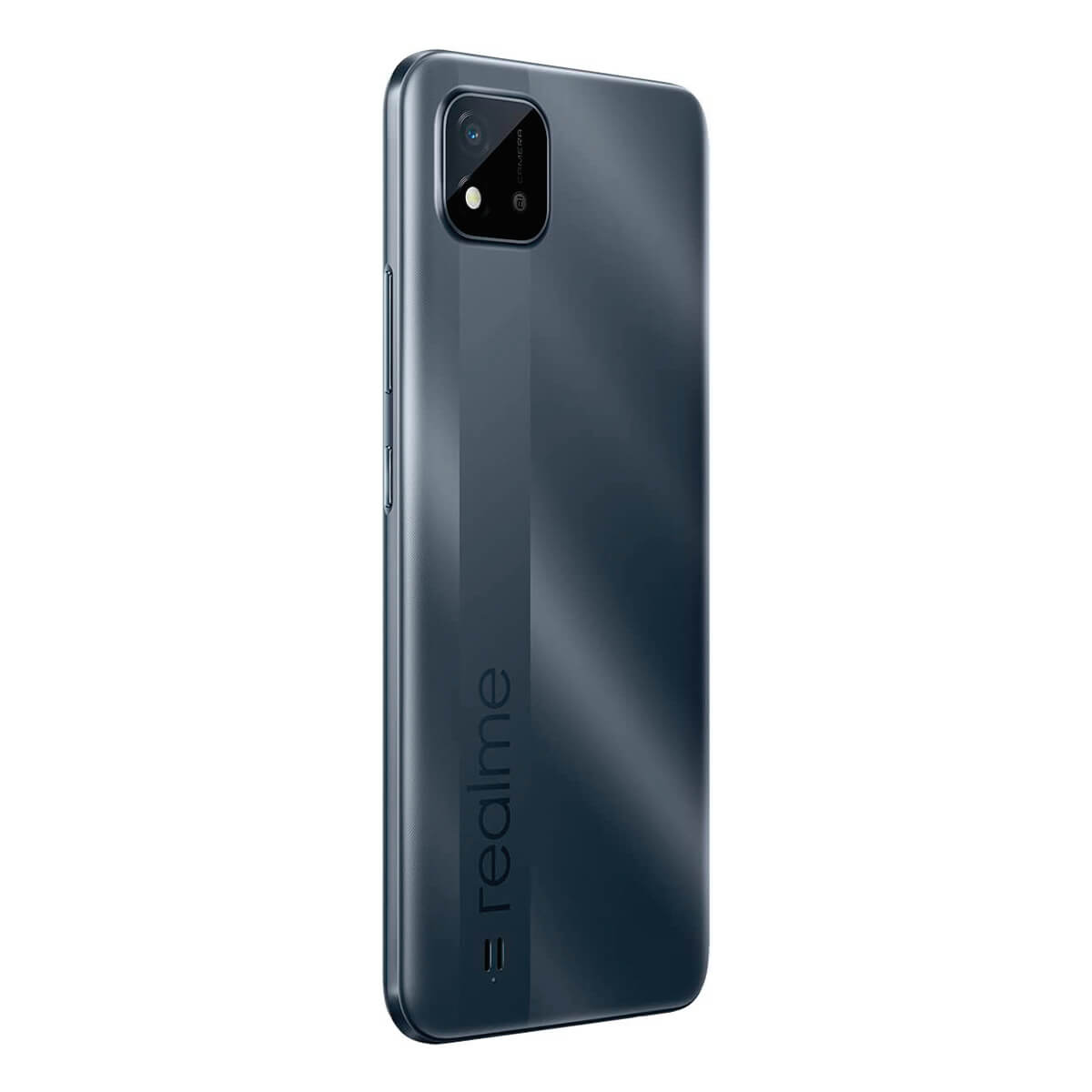 Dunkelgraues Smartphone mit Kamera-Modul und Realme-Logo auf der Rückseite.