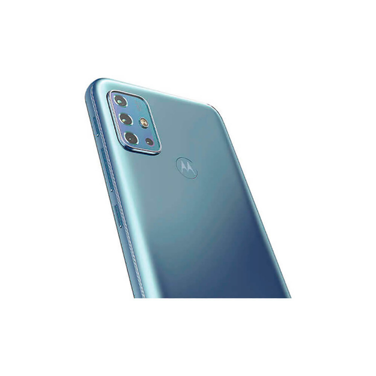 Rückseite eines türkisfarbenen Smartphones mit dreifacher Kamera und Motorola-Logo.