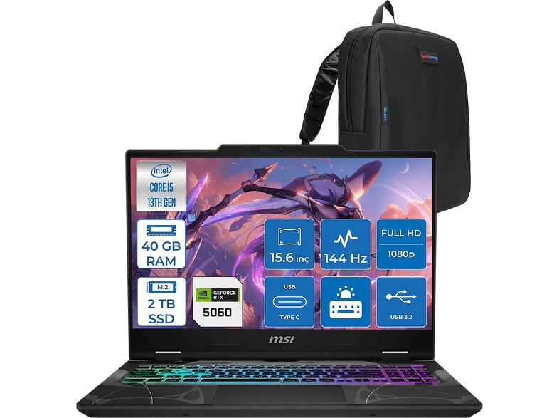 MSI Cyborg 15 DDR5 RTX5060 8 GB 144 Hz IPS B13WFKG491XTRF19 Intel Core i5-13420H 40 GB RAM 2 TB SSD 15,6 inç FreeDOS Laptop+Çanta Siyah
