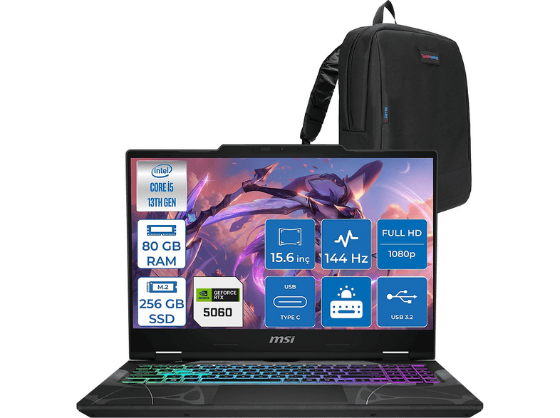 MSI Cyborg 15 RTX5060 8 GB 144 Hz IPS B13WFKG491XTRF31 Intel Core i5-13420H 80 GB RAM 256 GB SSD 15,6 inç FreeDOS Laptop+Çanta Siyah