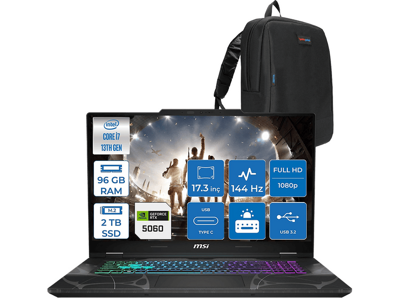 MSI Cyborg 17 DDR5 RTX5060 8 GB 144 Hz IPS B13WFKG210XTRF39 Intel Core i7-13620H 96 GB RAM 2 TB SSD 17,3 inç FreeDOS Laptop+Çanta Siyah