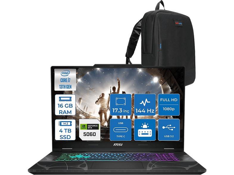 MSI Cyborg 17 DDR5 RTX5060 8 GB 144 Hz IPS B13WFKG210XTRF05 Intel Core i7-13620H 16 GB RAM 4 TB SSD 17,3 inç FreeDOS Laptop+Çanta Siyah