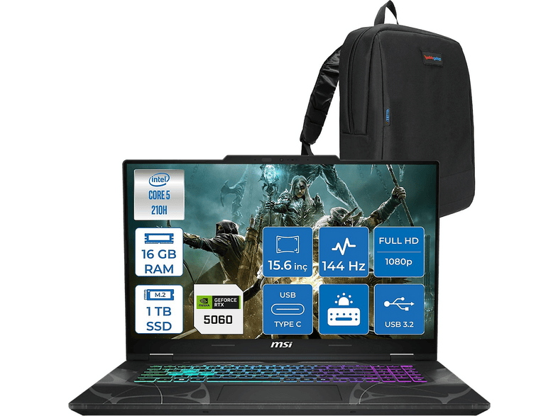 MSI Cyborg 15 DDR5 RTX5060 8 GB FHD 144 Hz B2RWFKG207XTRF03 Intel Core i5-210H 16 GB RAM 1 TB SSD 15,6 inç FreeDOS Laptop+Çanta Siyah