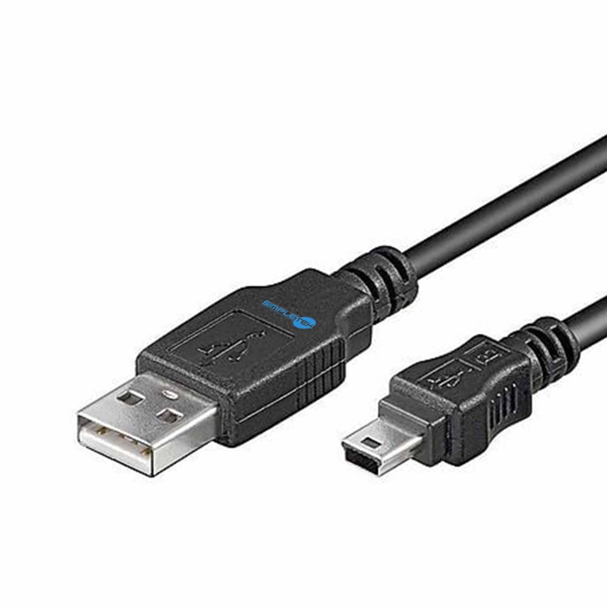 Cavo USB A a Mini-USB nero con logo blu 'SimpleTek' sul connettore.