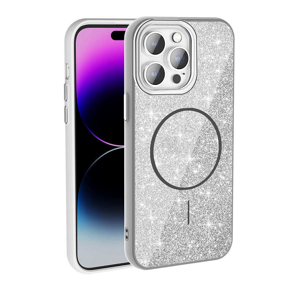 Kamera kesimli ve manyetik halkalı gümüş simli iPhone kılıfı.