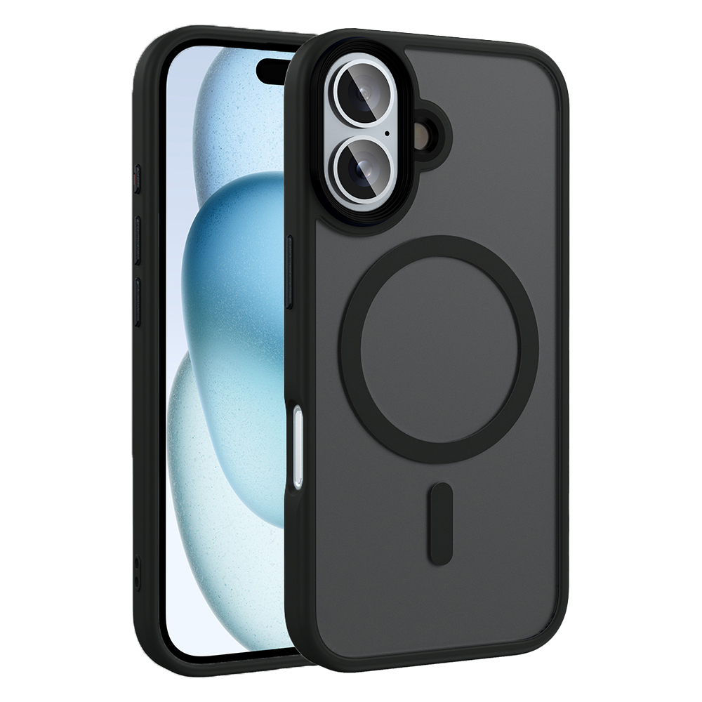 Mıknatıslı halkalı ve iki lensli gri telefon kılıfı. Beyaz arka plan.