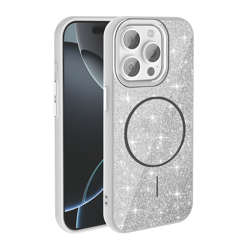 Gümüş, simli iPhone kılıfı, kamera çıkıntıları ve manyetik halka.