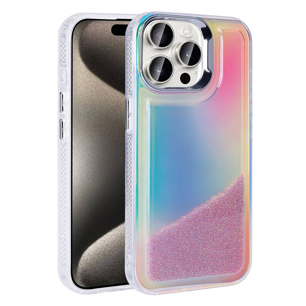 Renkli simli telefon kılıflı bir iPhone, beyaz arka plana karşı.