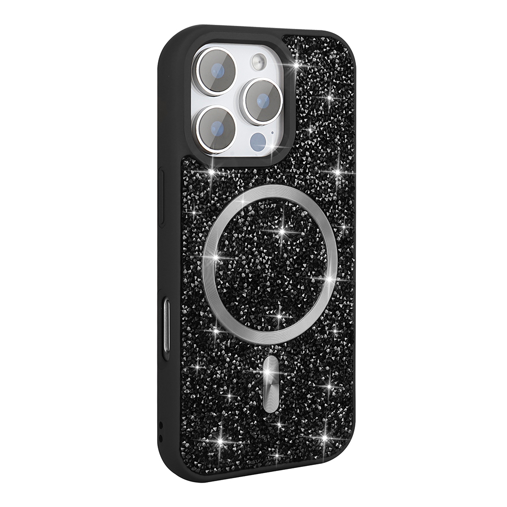 Kamera açıklığı ve manyetik halkalı siyah simli telefon kılıfı.