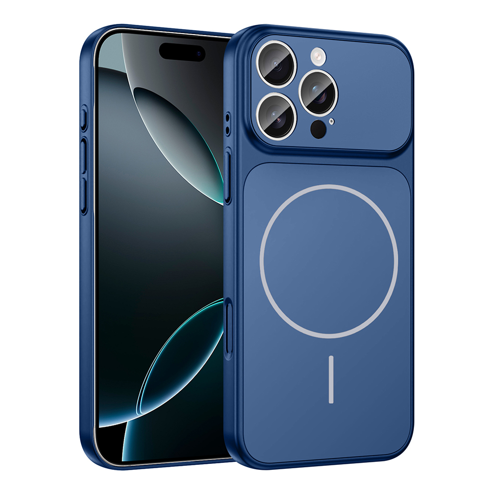 Üç kamera lensli ve manyetik halkalı mavi telefon kılıfı.