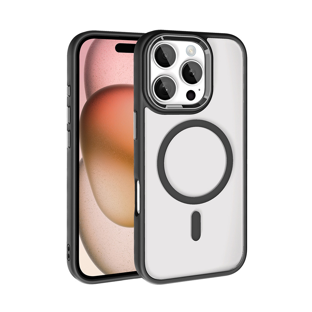 Siyah çerçeveli şeffaf telefon kılıfı, dört kamera ve daire simgesi gösteriyor.