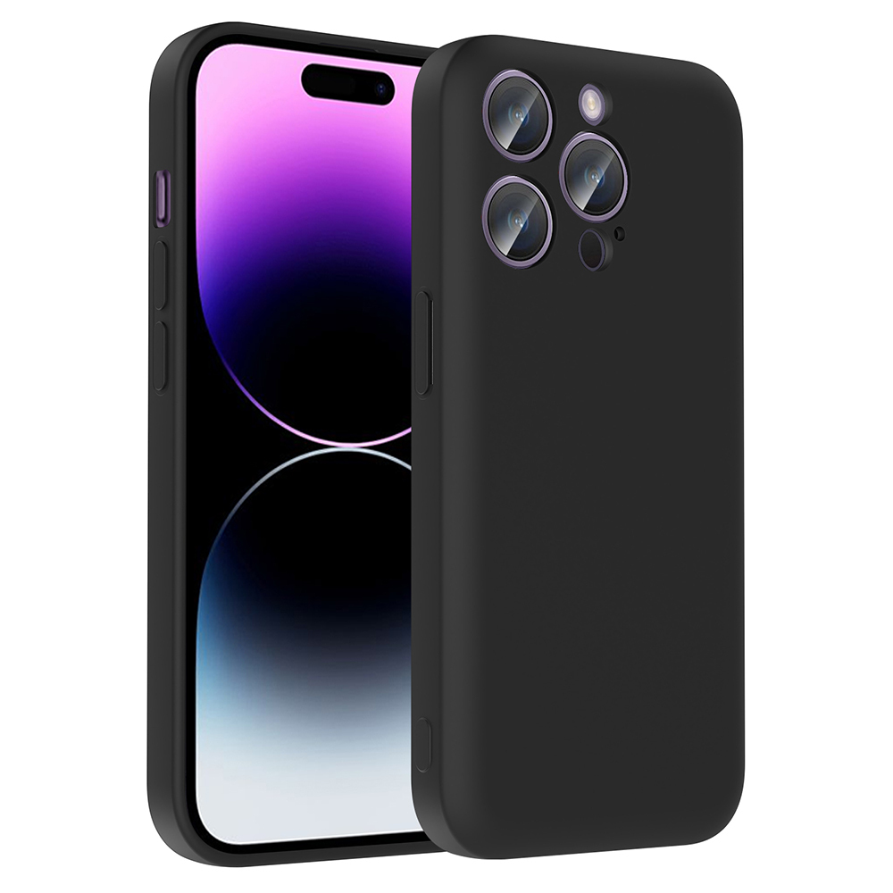 Üç kamera lensli ve mor arka planlı siyah iPhone.