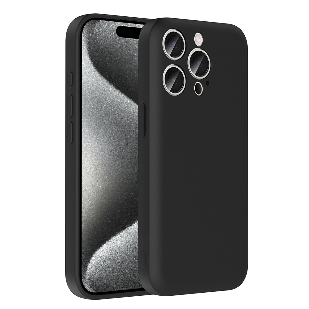 Üç kamera lensli siyah mat telefon kılıfı. Parlak ekran görünüyor.