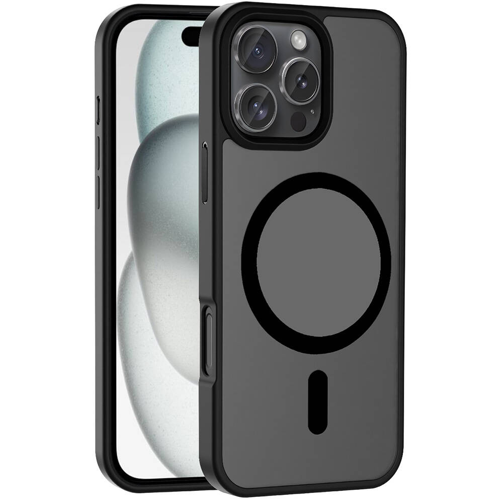 Mıknatıslı daireli ve üç kamera lensli siyah telefon kılıfı.