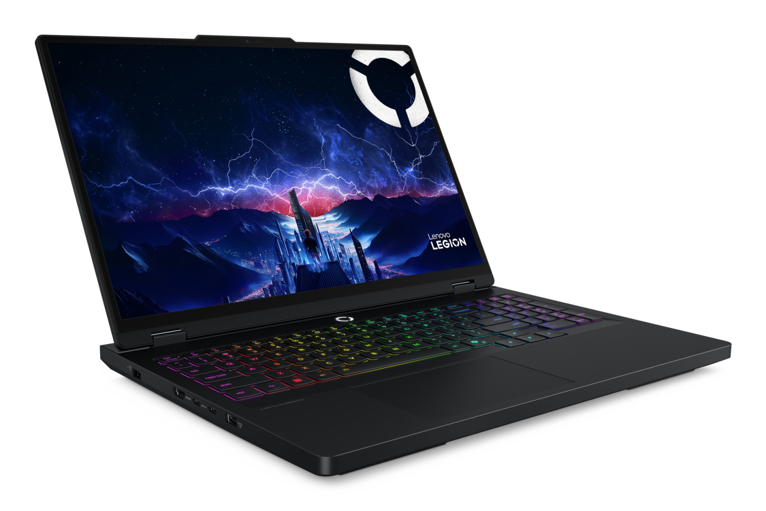 Laptop nero con tastiera illuminata e sfondo futuristico.
